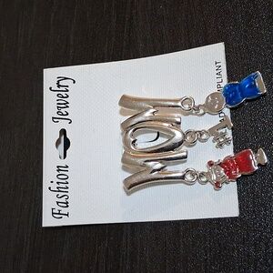 Silver MOM Brooch with Red and Blue Accents